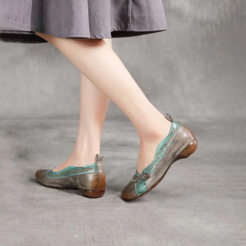 Handmade Leather Low Heel Round Toe Loafers Color Blocking in Gray