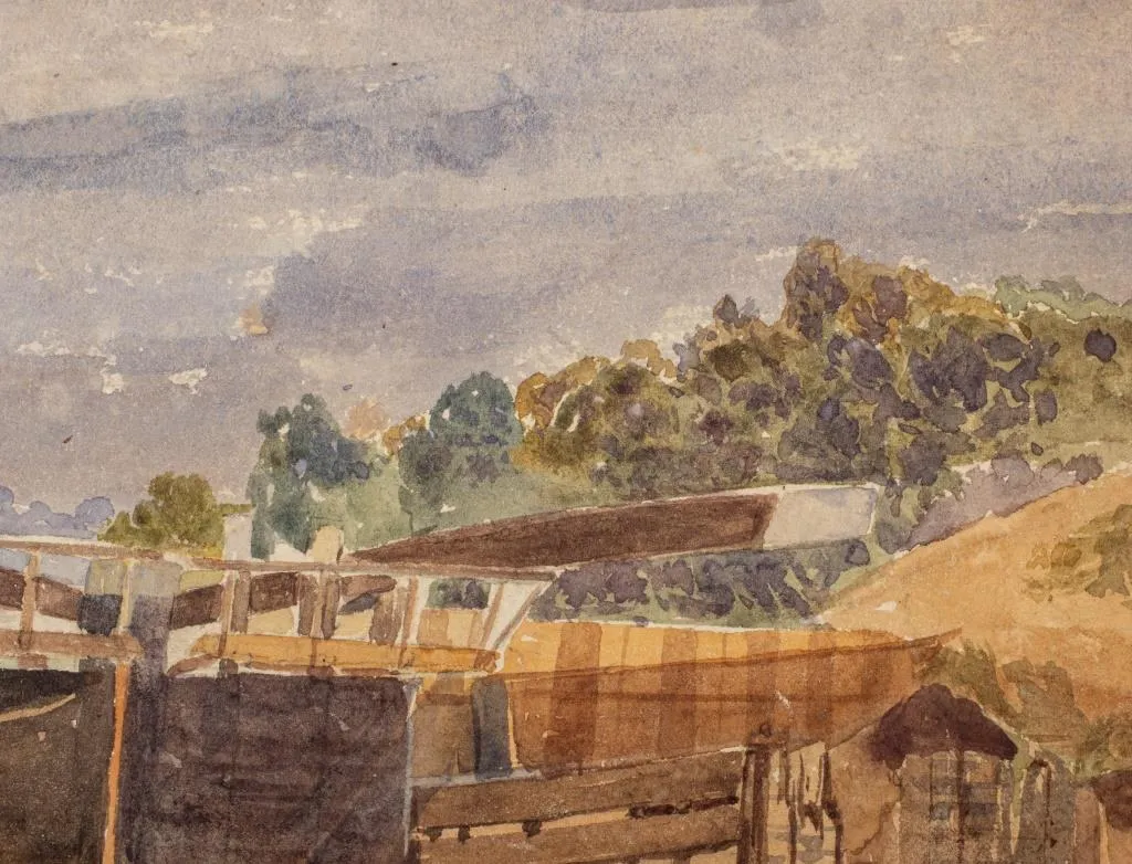 H.E. "Old Windsor Lock" Watercolor on Paper, 1870