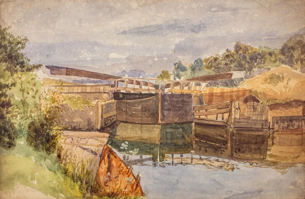 H.E. "Old Windsor Lock" Watercolor on Paper, 1870