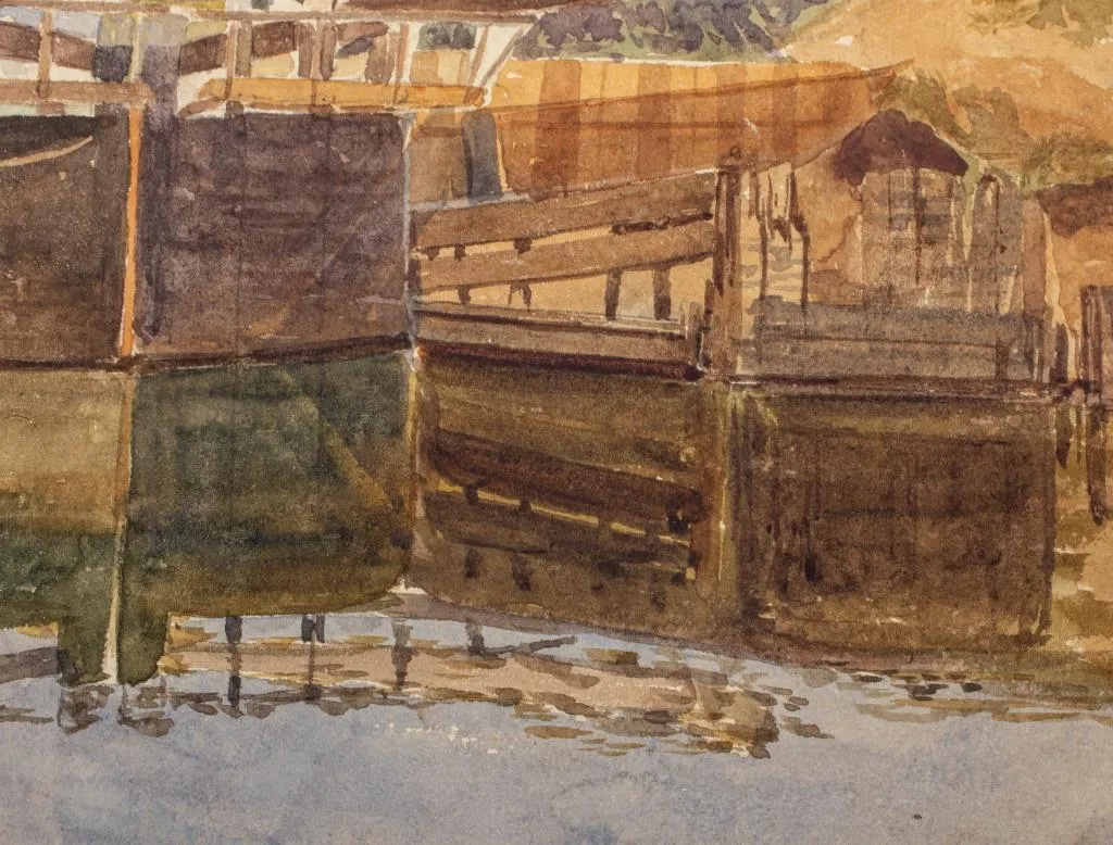 H.E. "Old Windsor Lock" Watercolor on Paper, 1870