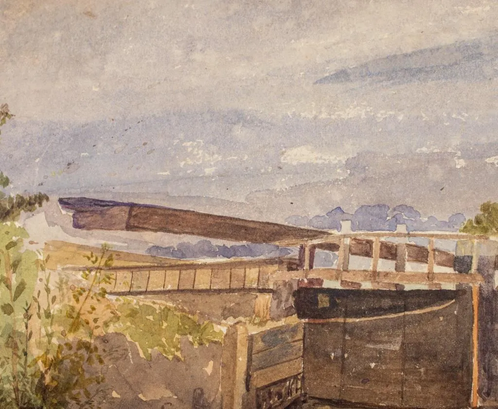 H.E. "Old Windsor Lock" Watercolor on Paper, 1870