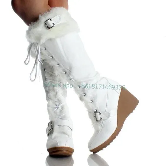 High Heel Cute Suede Fur Wedge Brown Boots Gladiator Warm Knee High Round Toe Cross Strap Boots Fashion Furry Autumn Women Shoes