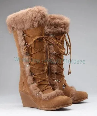 High Heel Cute Suede Fur Wedge Brown Boots Gladiator Warm Knee High Round Toe Cross Strap Boots Fashion Furry Autumn Women Shoes