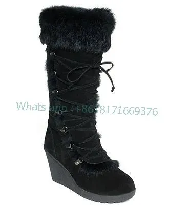 High Heel Cute Suede Fur Wedge Brown Boots Gladiator Warm Knee High Round Toe Cross Strap Boots Fashion Furry Autumn Women Shoes