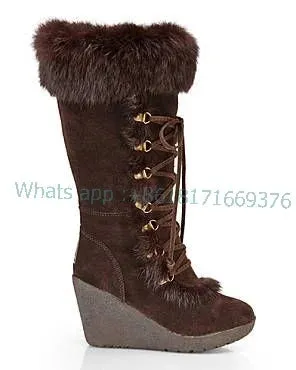 High Heel Cute Suede Fur Wedge Brown Boots Gladiator Warm Knee High Round Toe Cross Strap Boots Fashion Furry Autumn Women Shoes