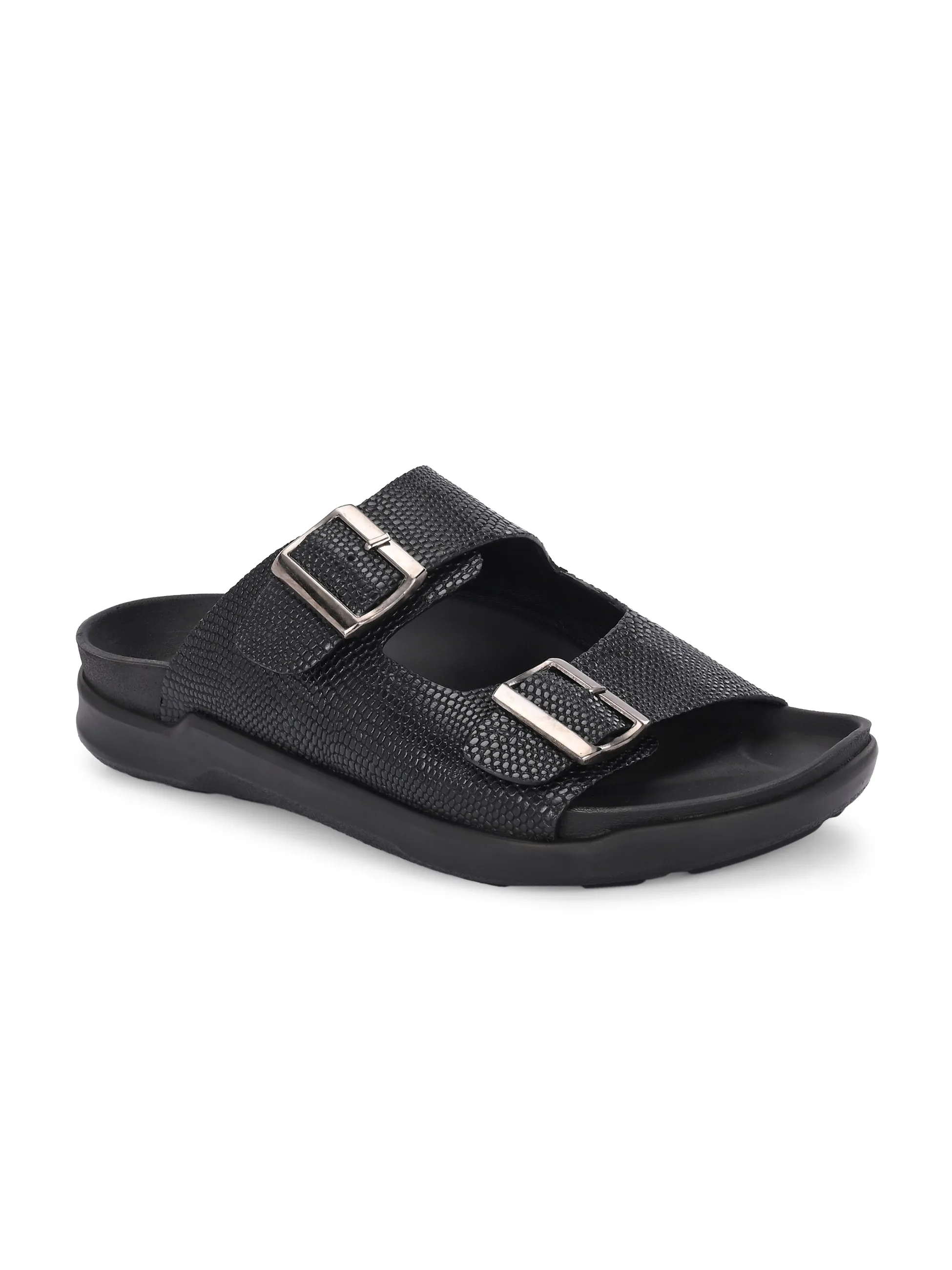 Hitz Men's Black Leather Daily Wear Buckle Slipper