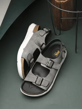 Hitz Men's Grey Leather Daily Wear Buckle Sandals