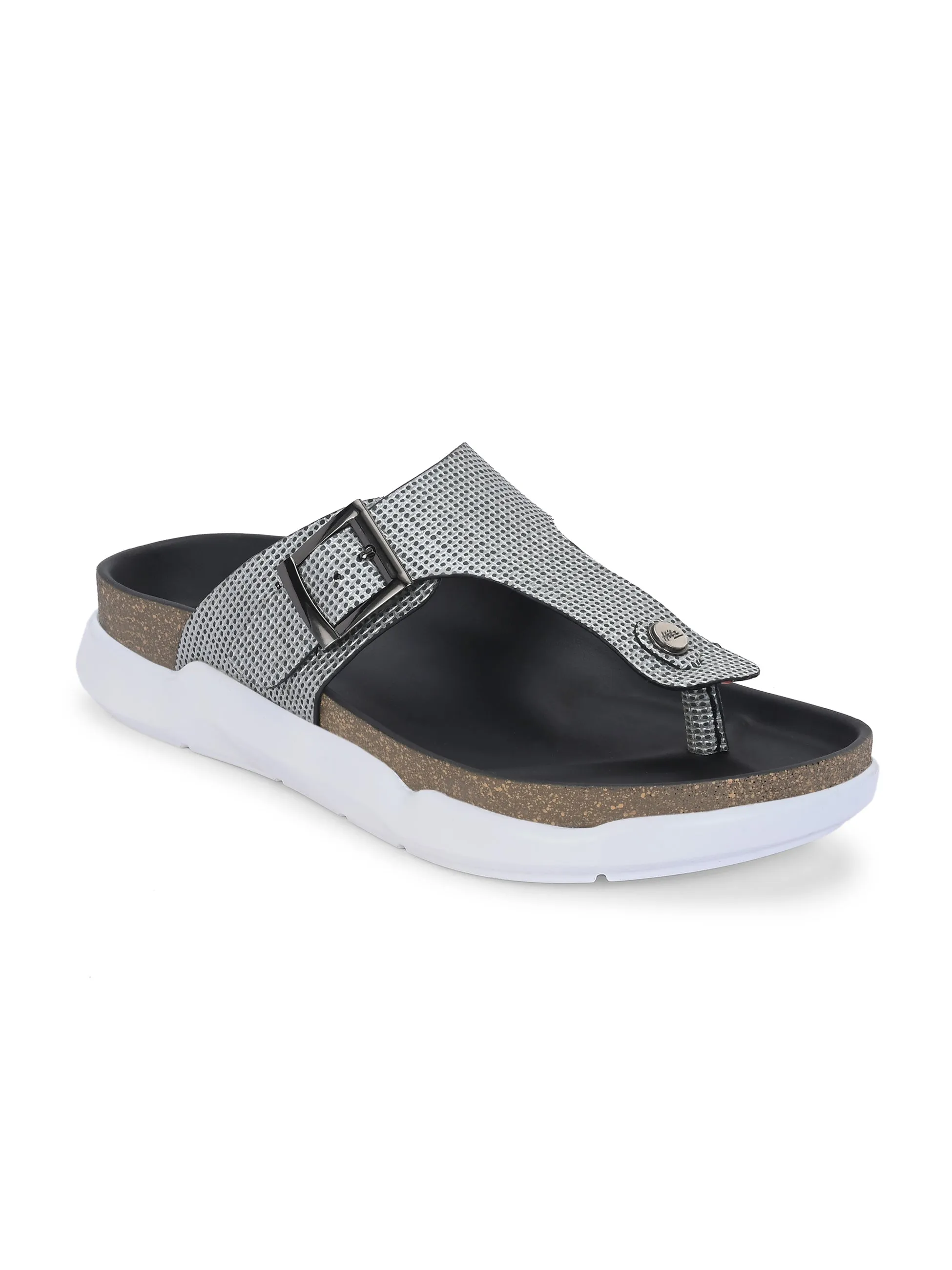 Hitz Men's Grey Leather Daily Wear Buckle Slipper