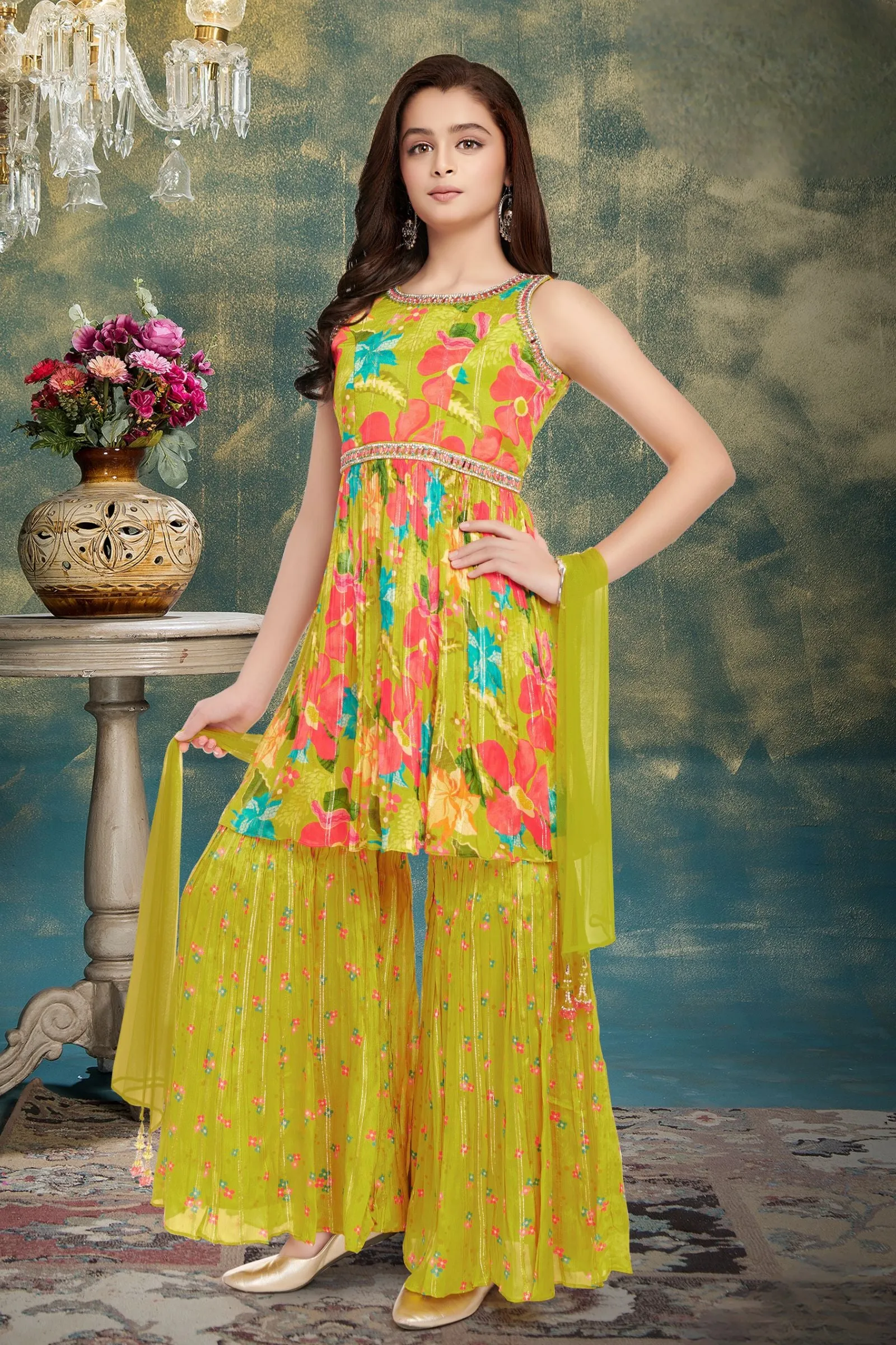 Lemon Green Mirror and Stone work with Floral Print  Peplum Top and Sharara Set for Girls