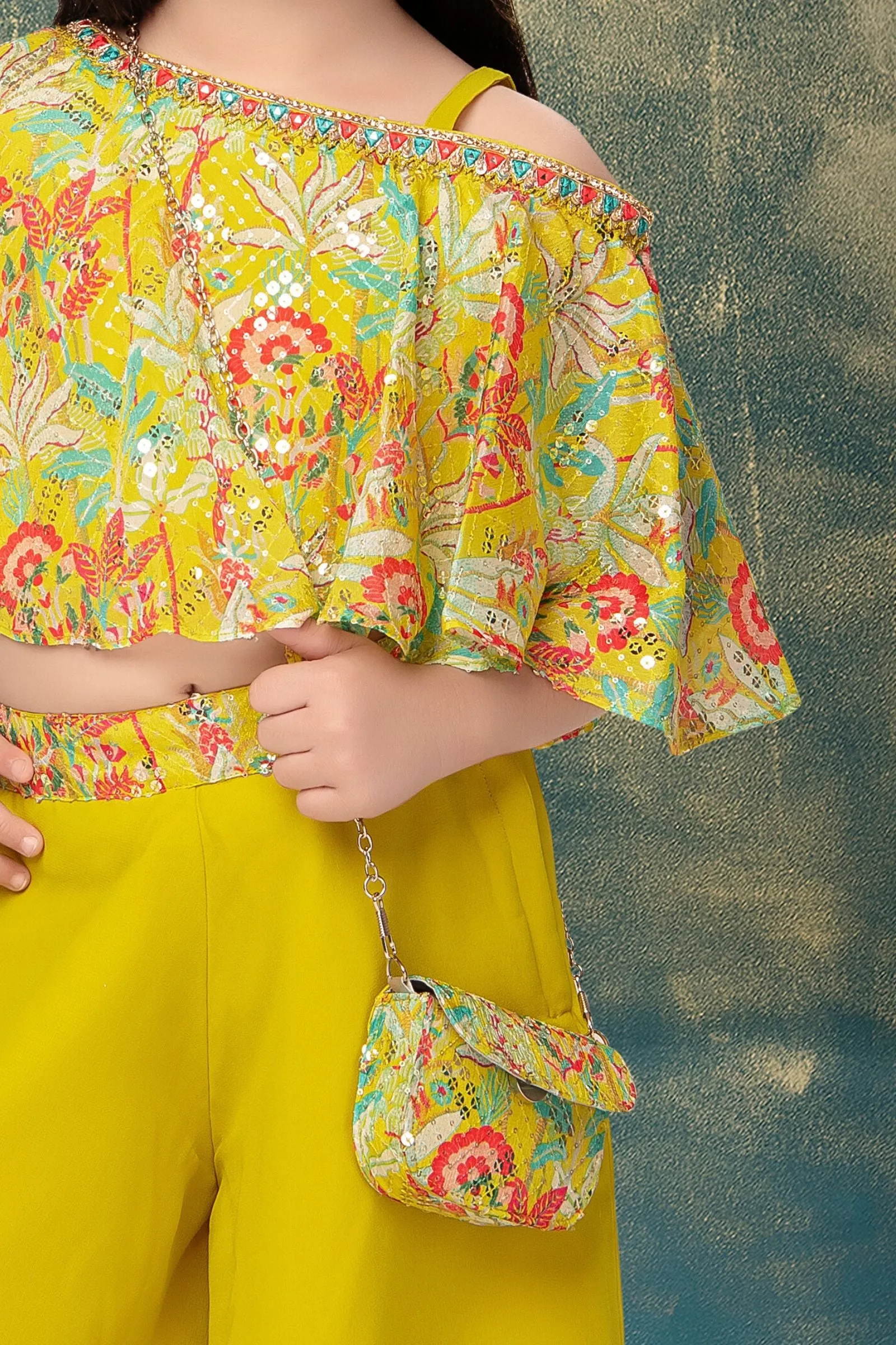 Lemon Yellow Sequins, Thread and Mirror work with Digital Print Palazzo Set for Girls