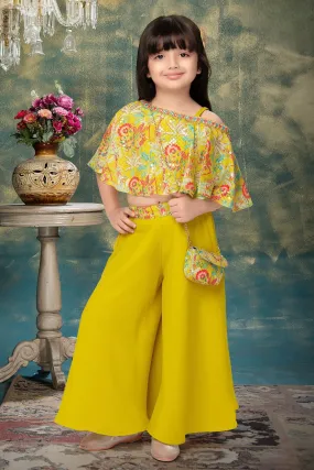 Lemon Yellow Sequins, Thread and Mirror work with Digital Print Palazzo Set for Girls