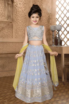 Light Purple Mirror, Zari, Thread, Sequins, Beads, Zari and Banaras work Lehenga Choli for Girls