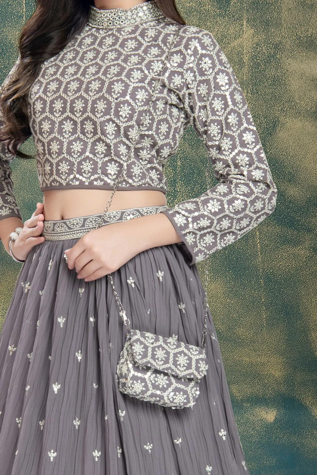 Light Purple Sequins, Thread, Stone and Mirror work Lehenga Choli for Girls