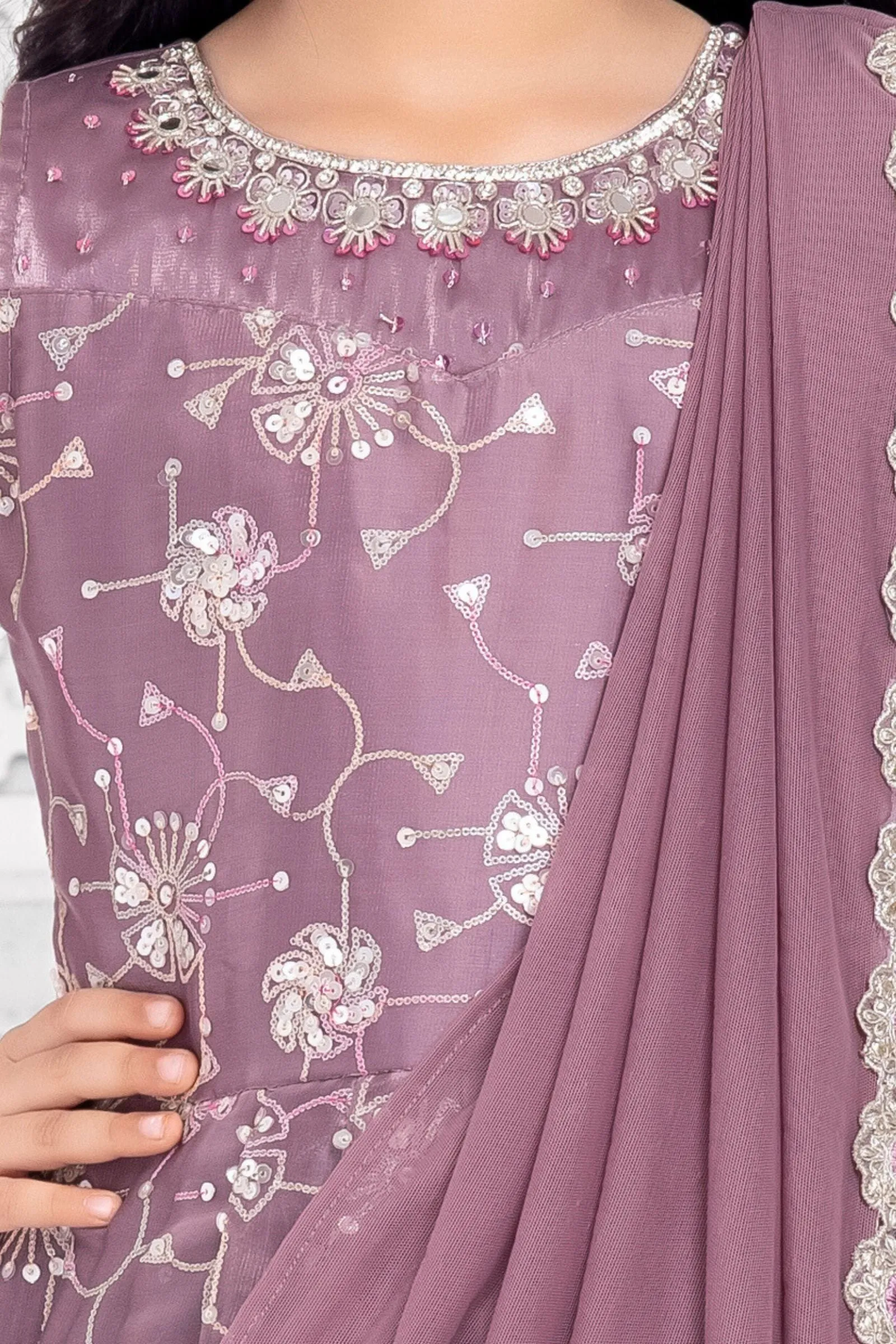 Lilac Sequins, Thread and Mirror work Long Party Gown for Girls