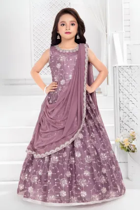 Lilac Sequins, Thread and Mirror work Long Party Gown for Girls