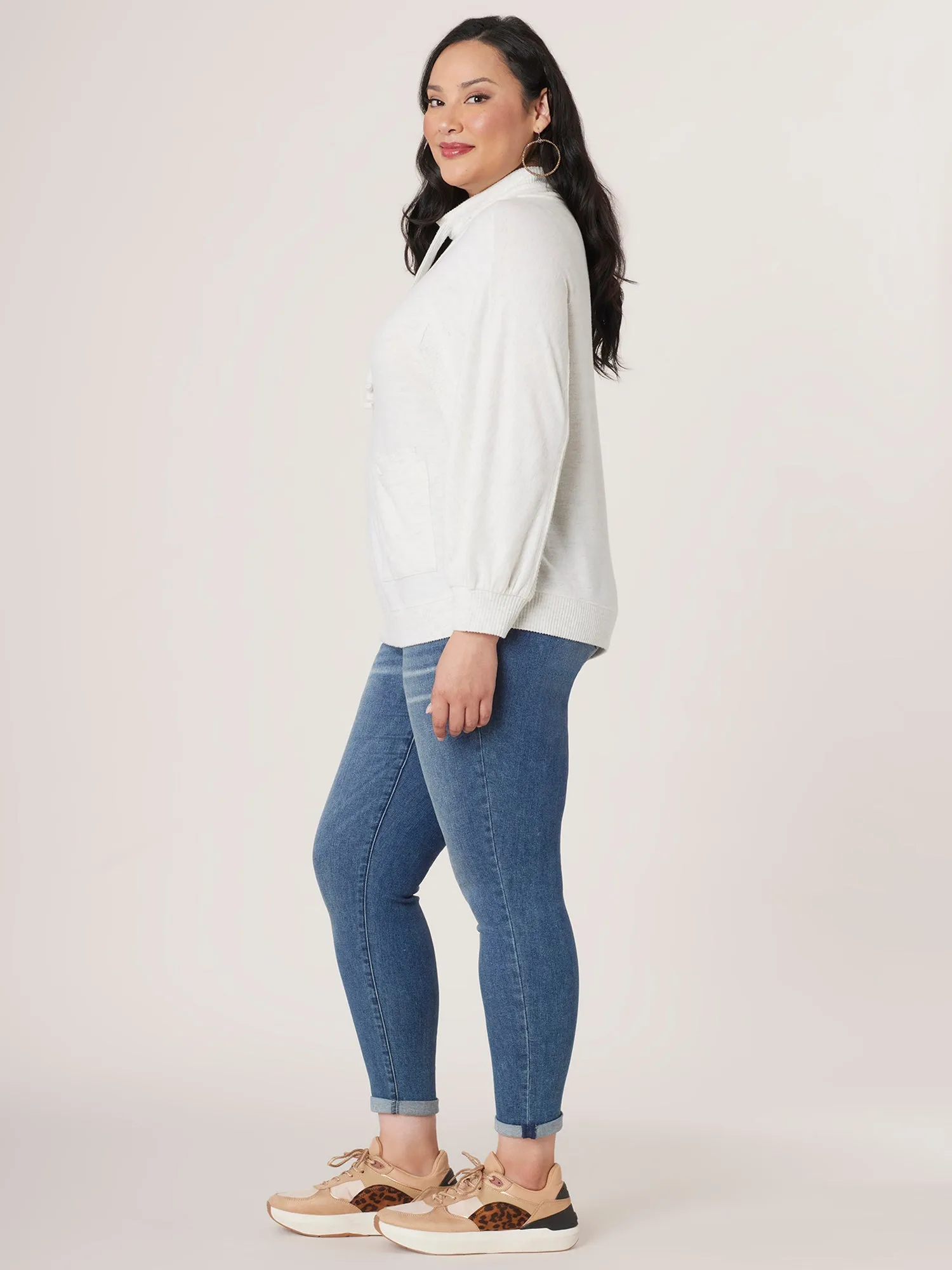 Long Dolman Sleeve Funnel Neck with Ties Banded Plus Size Knit Top