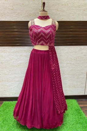 Maroon Thread, Mirror and Beads work Asymmetric Style Crop Top Lehenga