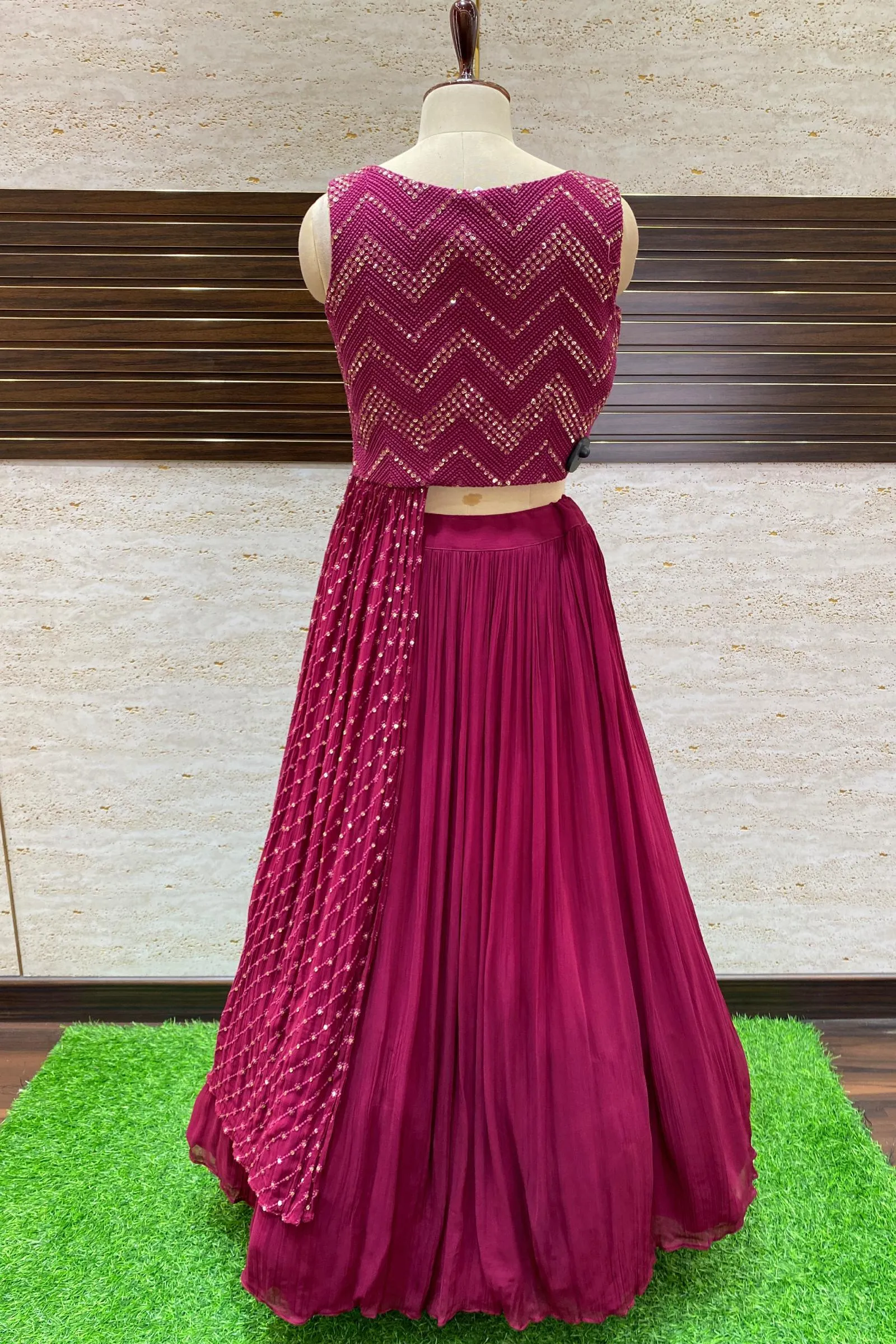 Maroon Thread, Mirror and Beads work Asymmetric Style Crop Top Lehenga