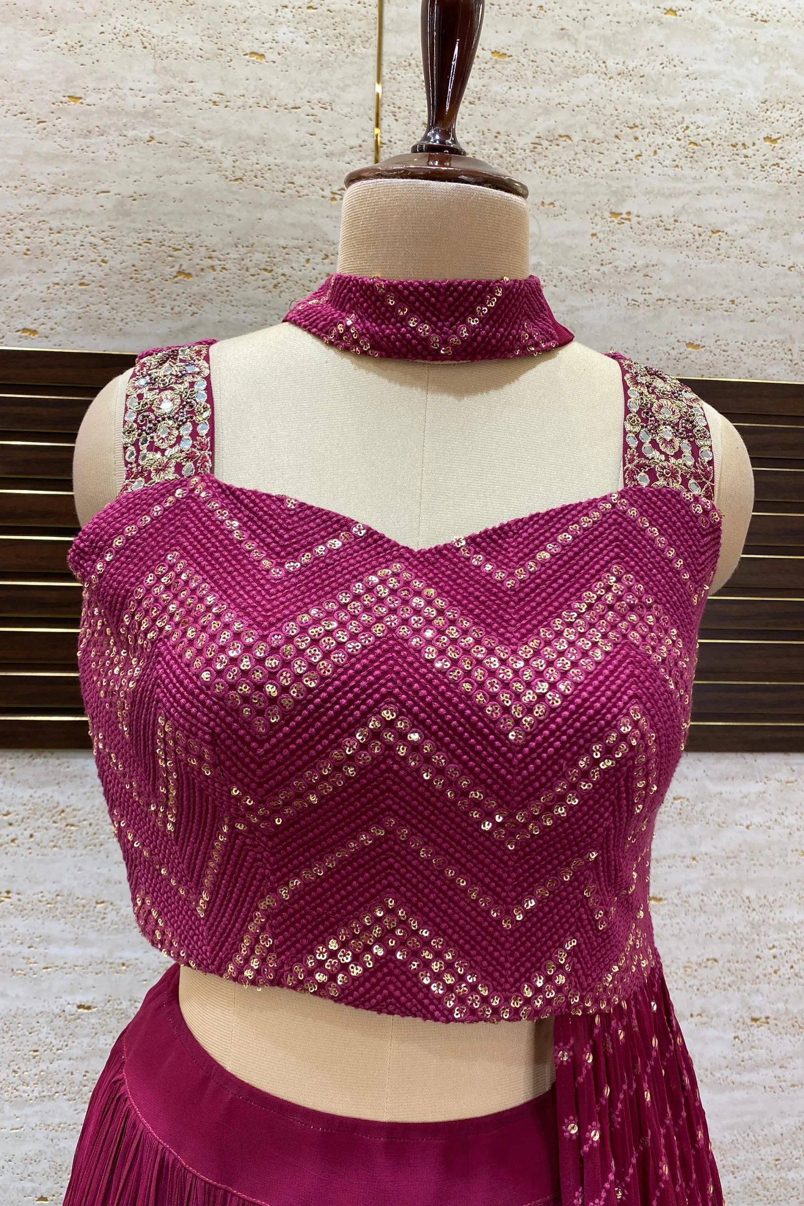 Maroon Thread, Mirror and Beads work Asymmetric Style Crop Top Lehenga