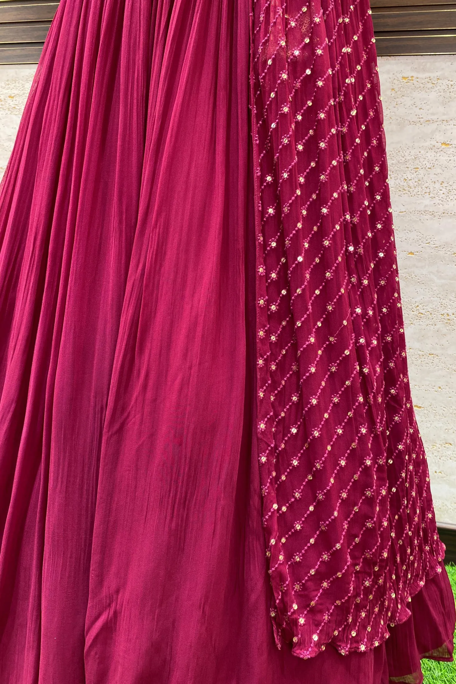 Maroon Thread, Mirror and Beads work Asymmetric Style Crop Top Lehenga