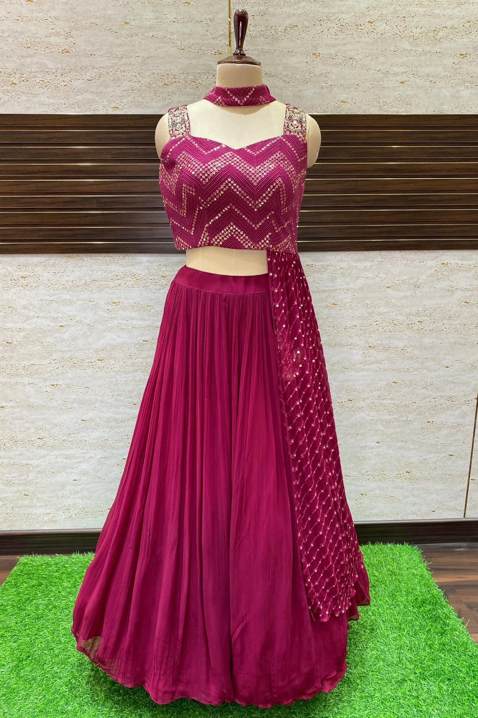 Maroon Thread, Mirror and Beads work Asymmetric Style Crop Top Lehenga