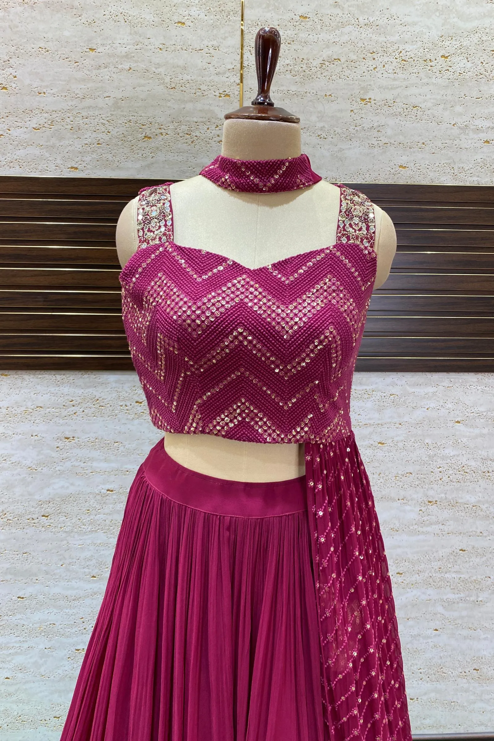 Maroon Thread, Mirror and Beads work Asymmetric Style Crop Top Lehenga