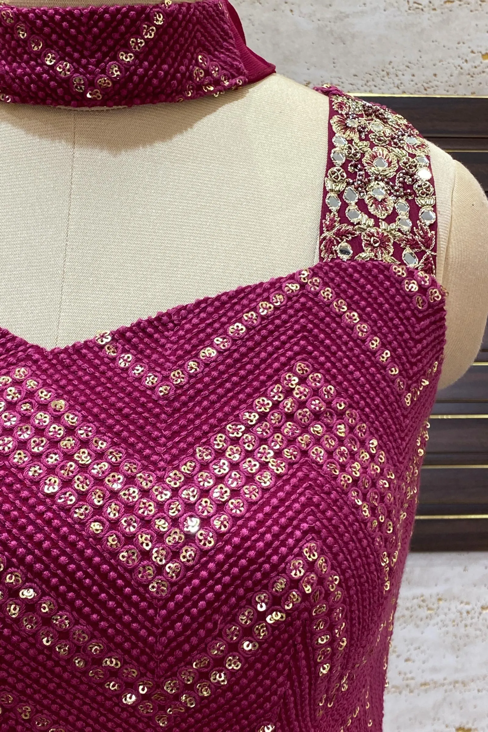 Maroon Thread, Mirror and Beads work Asymmetric Style Crop Top Lehenga