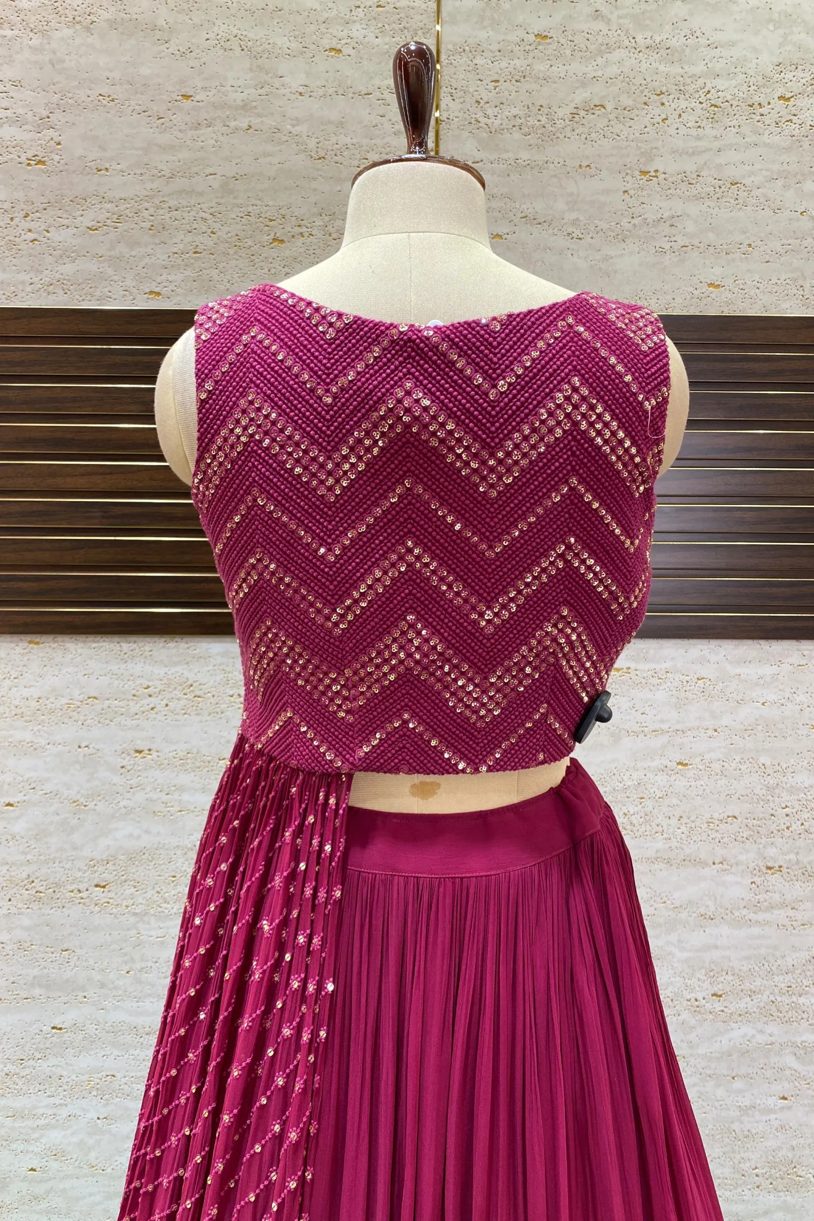 Maroon Thread, Mirror and Beads work Asymmetric Style Crop Top Lehenga