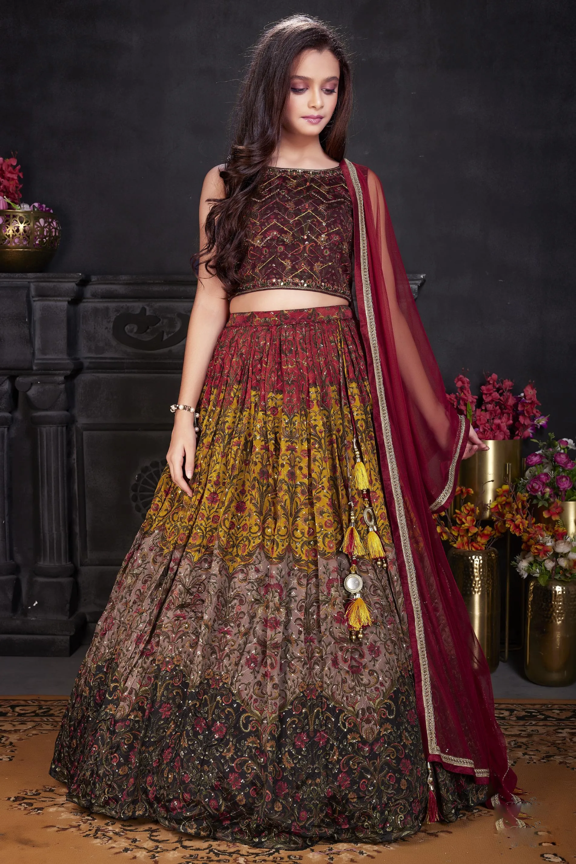 Maroon with Multicolor Print, Beads, Mirror, Sequins and Thread work Lehenga Choli for Girls