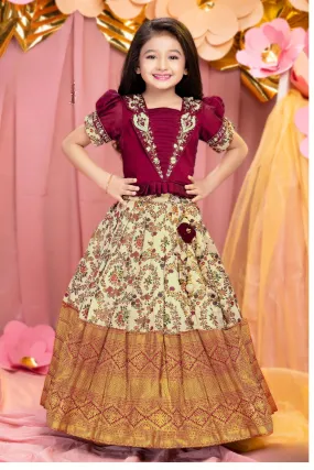 Maroon with Sandal Zardozi, Stone, Zari, Mirror and Beads work Lehenga Choli for Girls