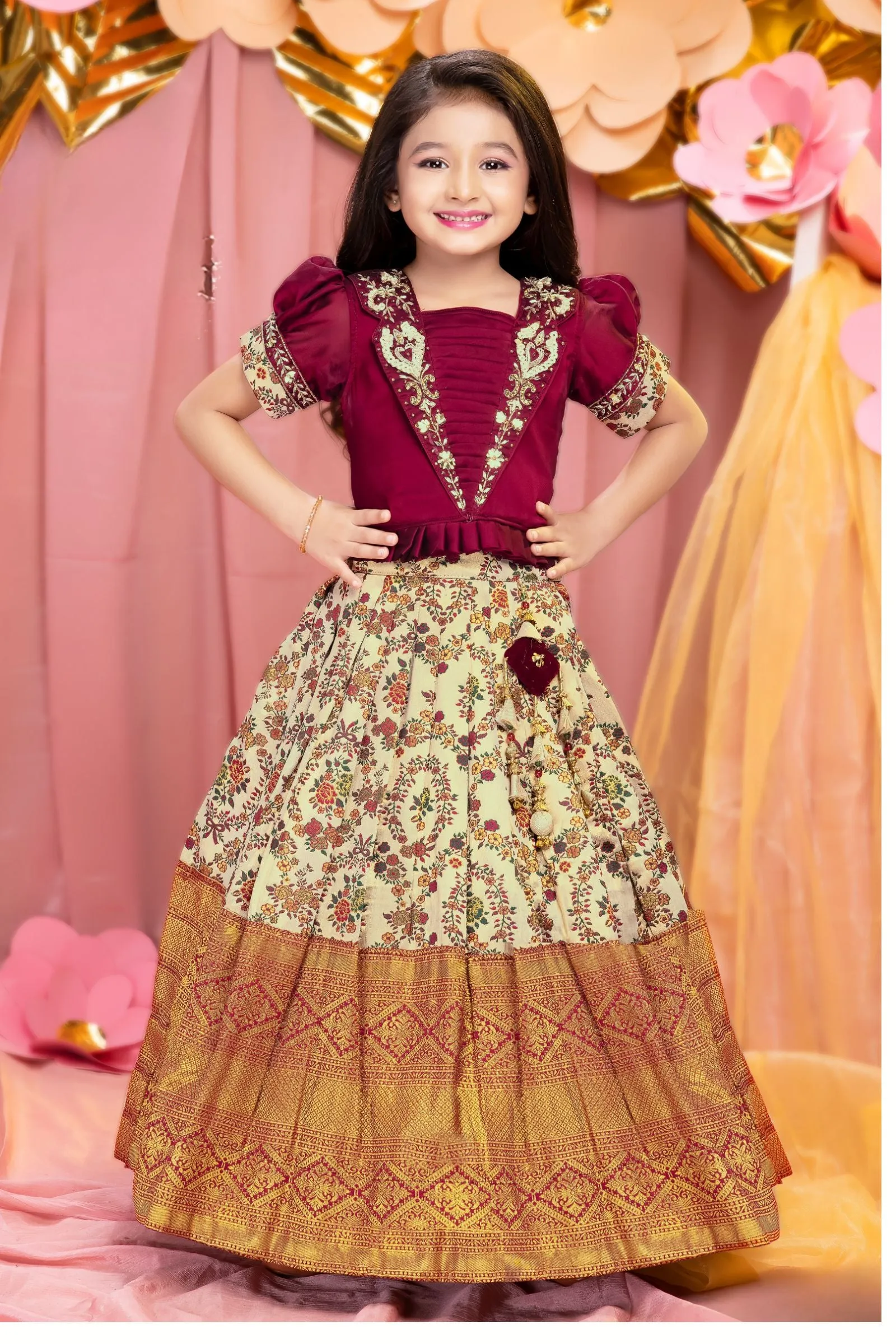 Maroon with Sandal Zardozi, Stone, Zari, Mirror and Beads work Lehenga Choli for Girls