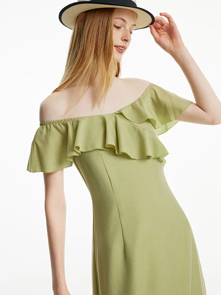 Matcha Green Off Shoulder Ruffle Midi Dress