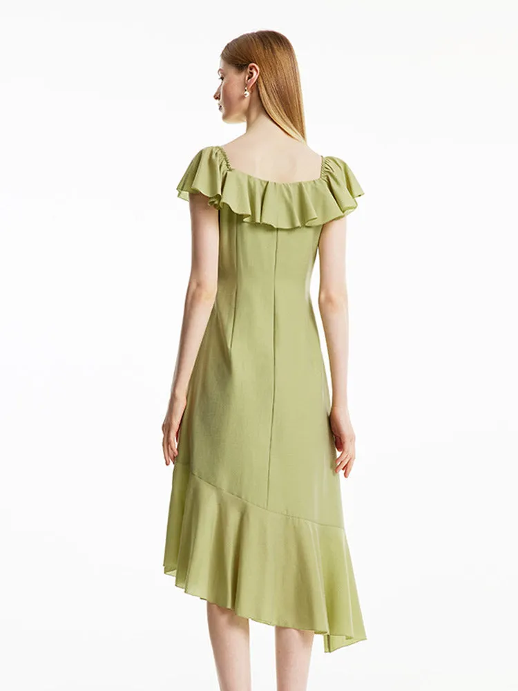 Matcha Green Off Shoulder Ruffle Midi Dress