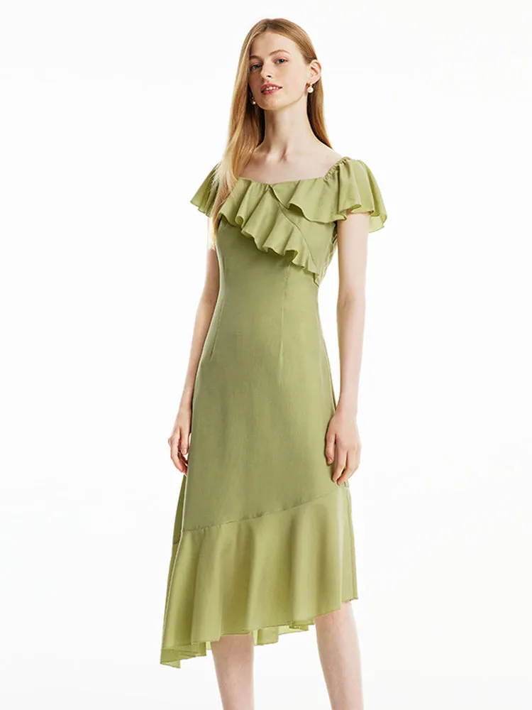 Matcha Green Off Shoulder Ruffle Midi Dress