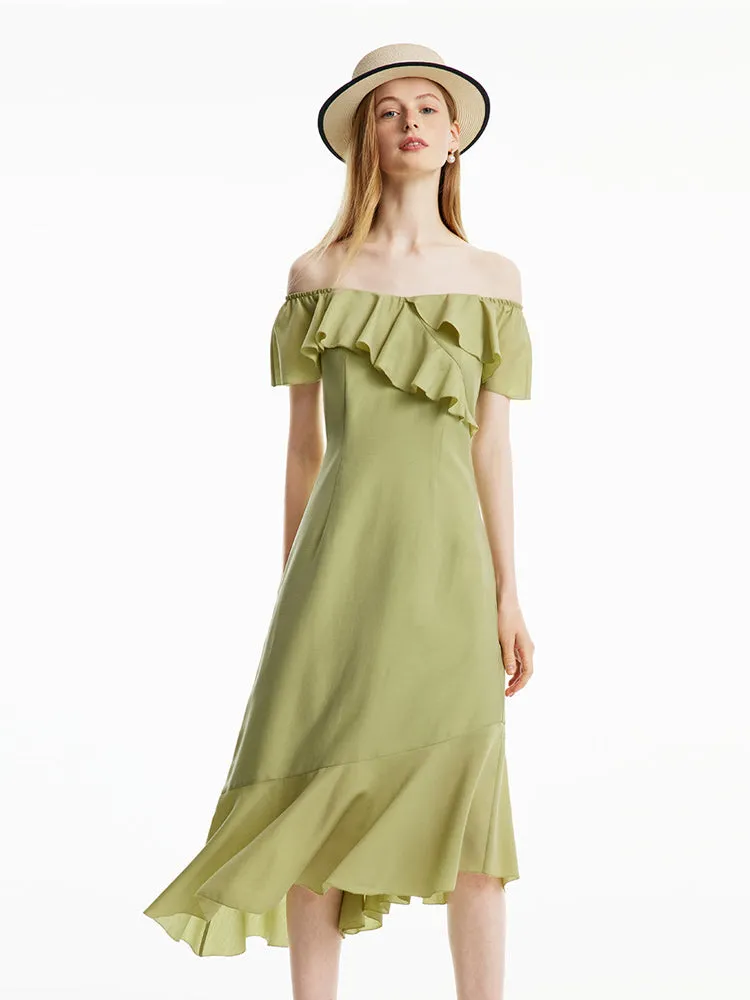 Matcha Green Off Shoulder Ruffle Midi Dress