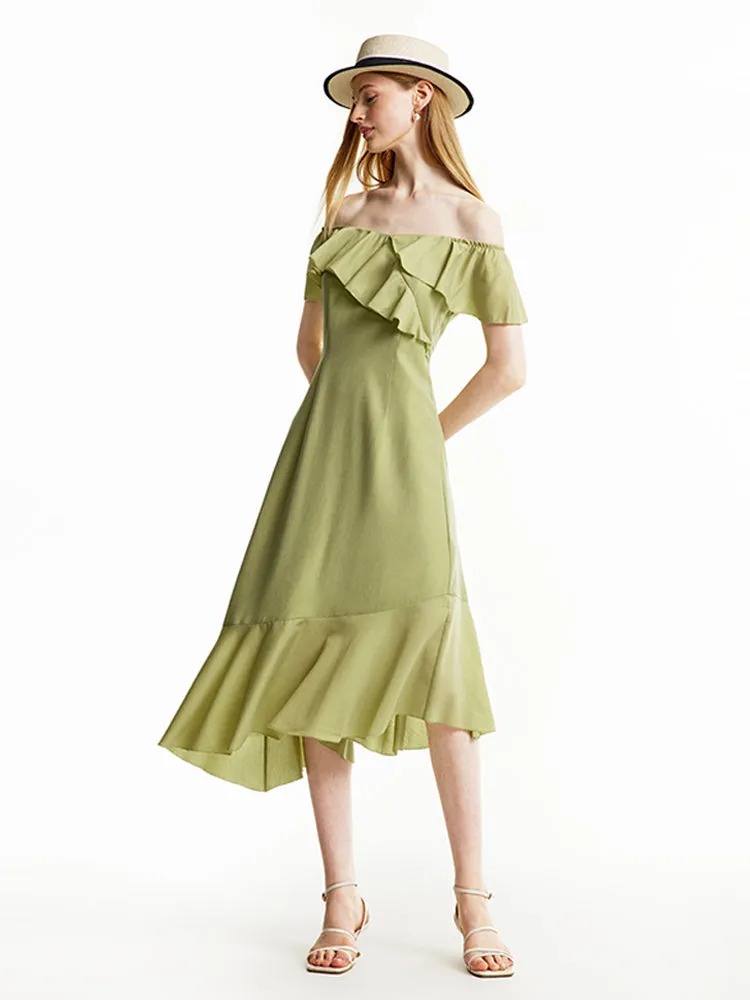 Matcha Green Off Shoulder Ruffle Midi Dress