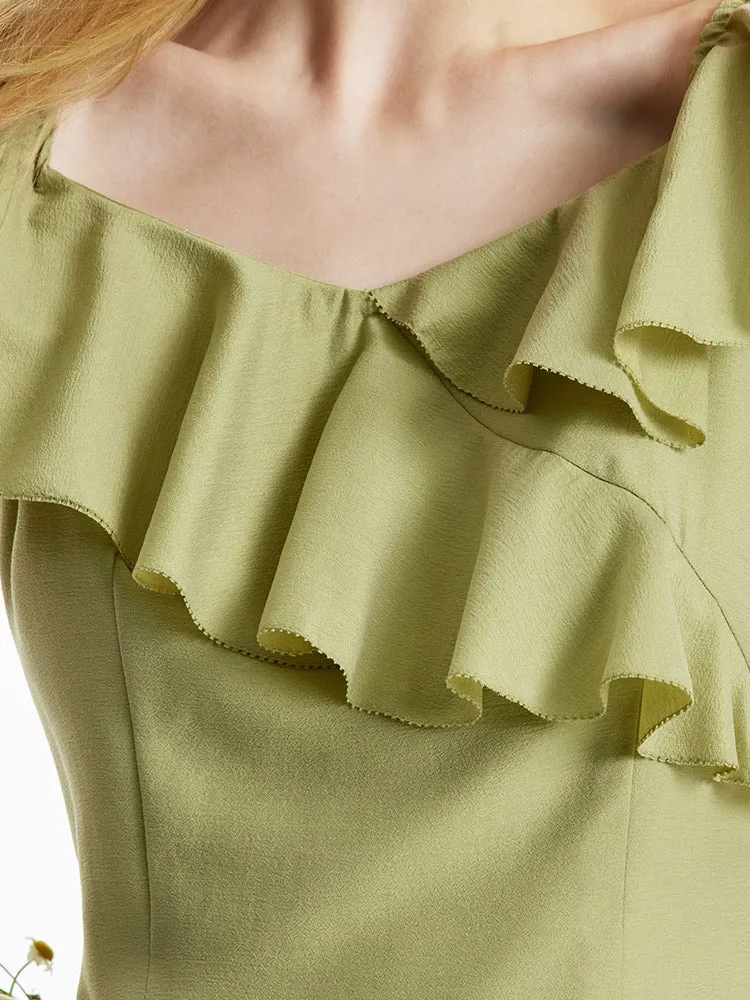 Matcha Green Off Shoulder Ruffle Midi Dress