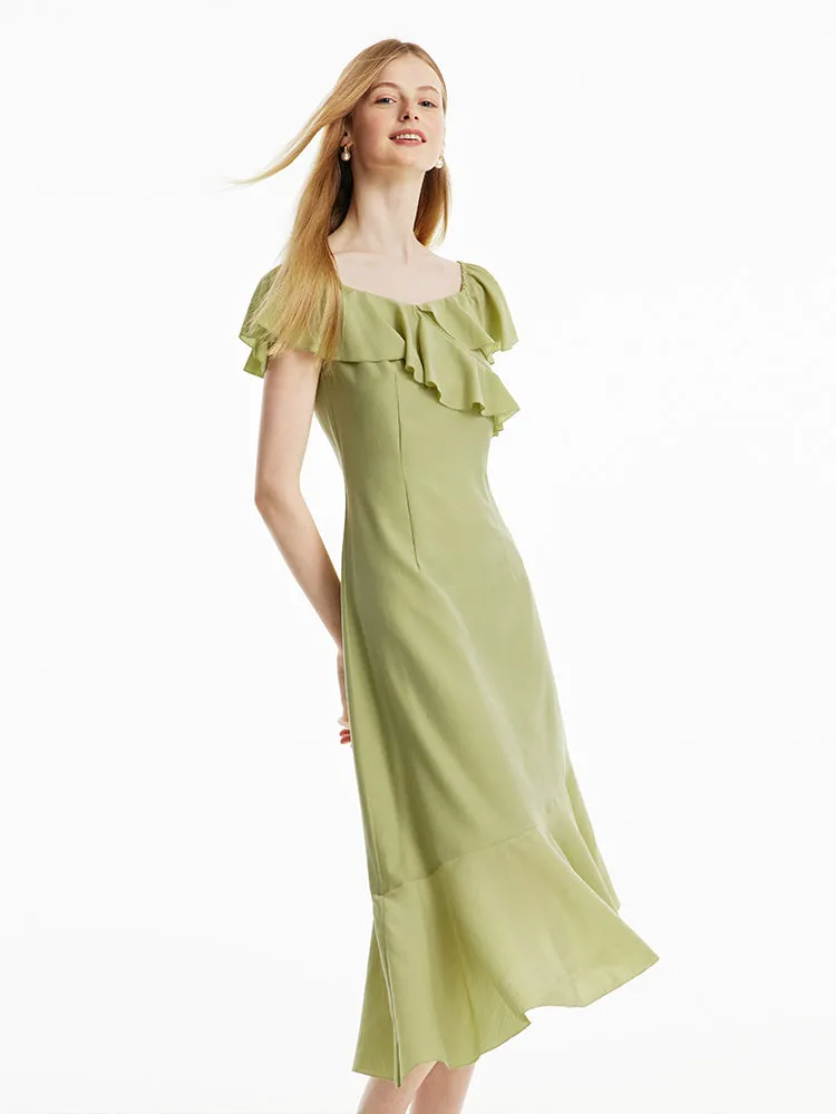 Matcha Green Off Shoulder Ruffle Midi Dress