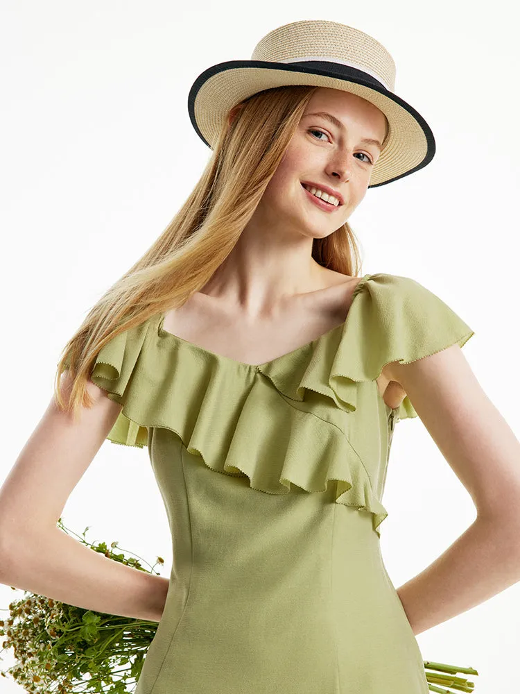 Matcha Green Off Shoulder Ruffle Midi Dress