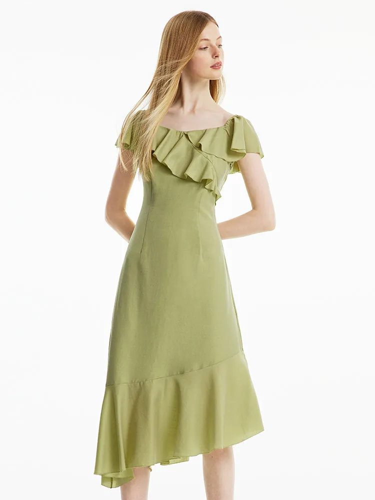 Matcha Green Off Shoulder Ruffle Midi Dress