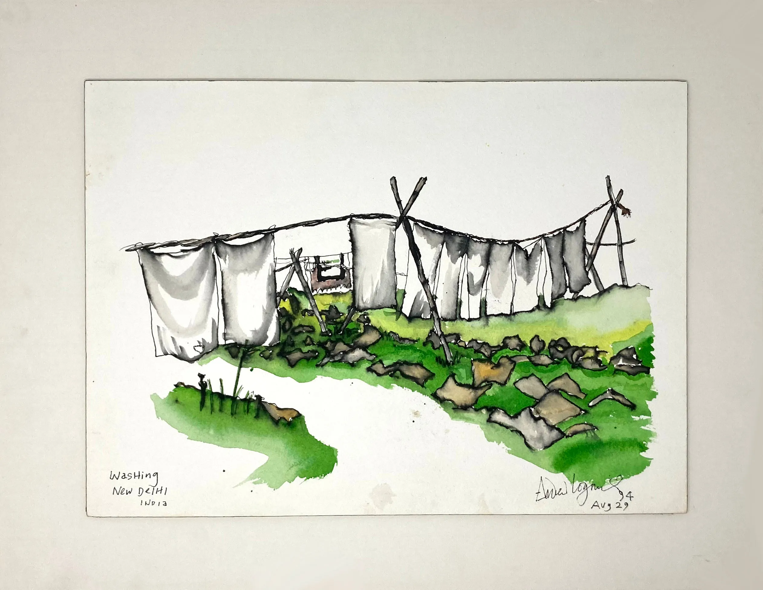 ORIGINAL WATERCOLOUR OF WASHING IN NEW DELHI, INDIA - BY ANDREW LOGAN 1994