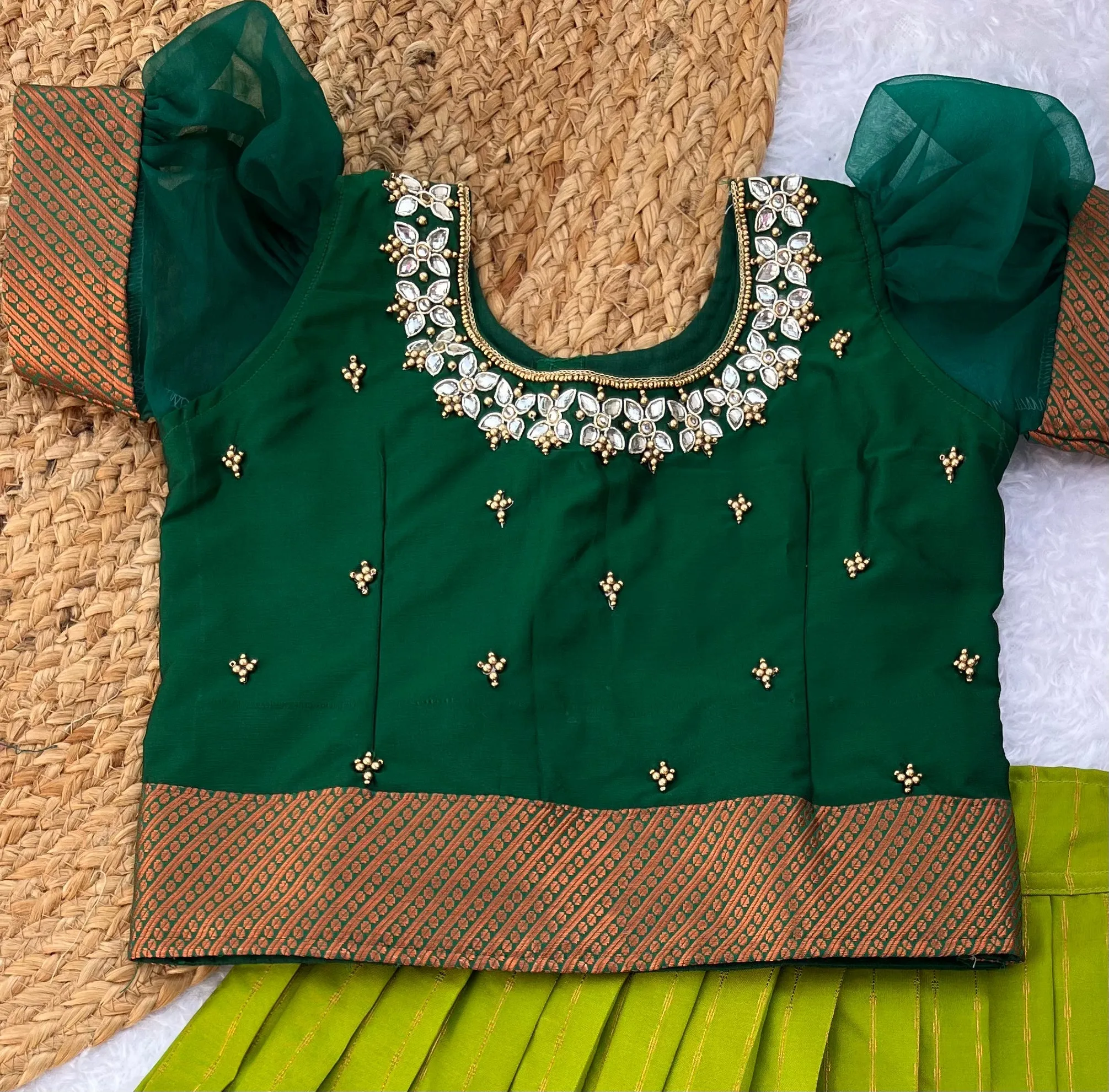 PRE ORDER : Traditional Green and Gold Silk Lehenga Choli for Girls