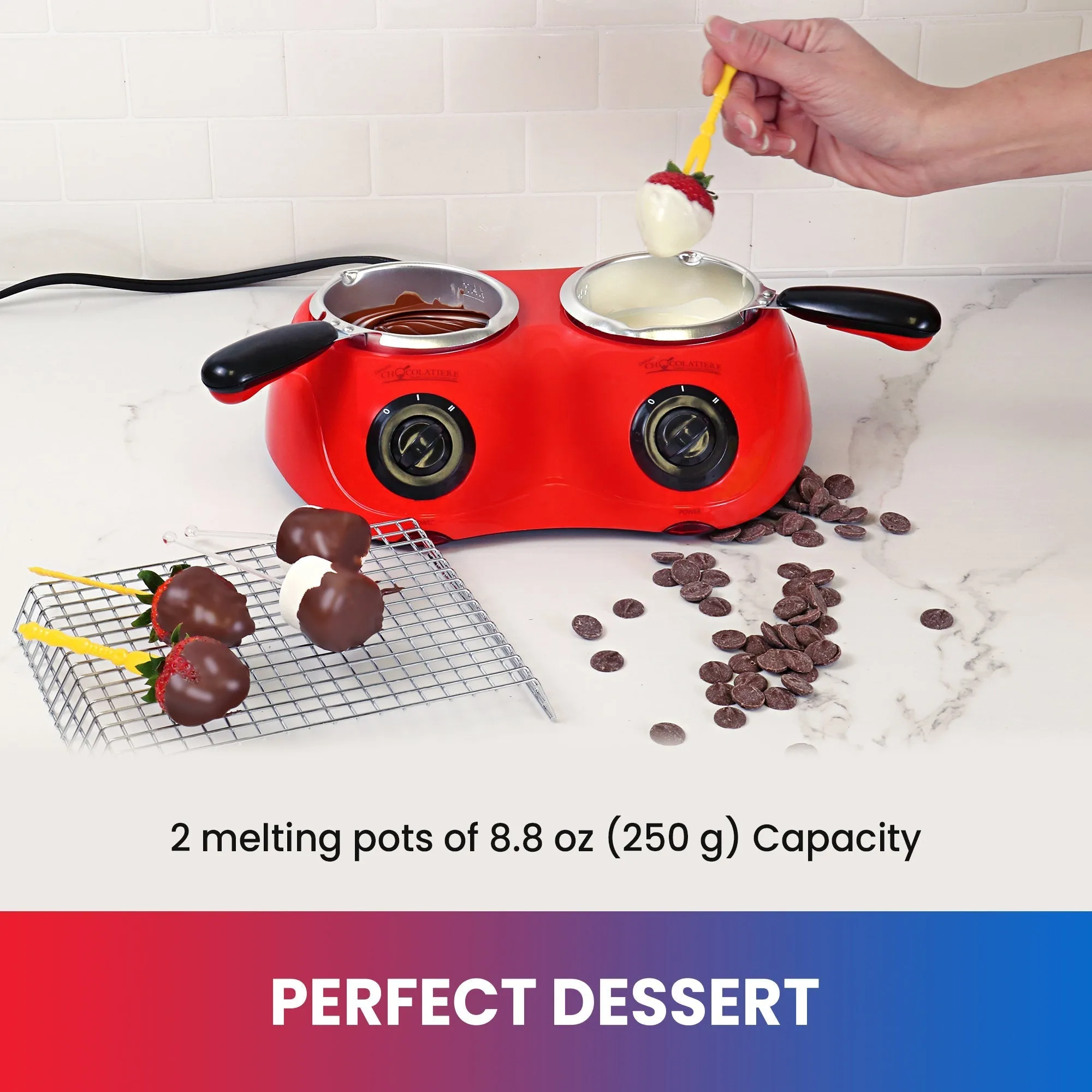 Total Chef Deluxe Chocolatiere Dual Electric Melter for Chocolate and Candy Melts, 17.6 oz (500 g), Fondue Pot, DIY Candy Maker with 100  Piece Accessory Kit for Dessert, Special Occasion, Red