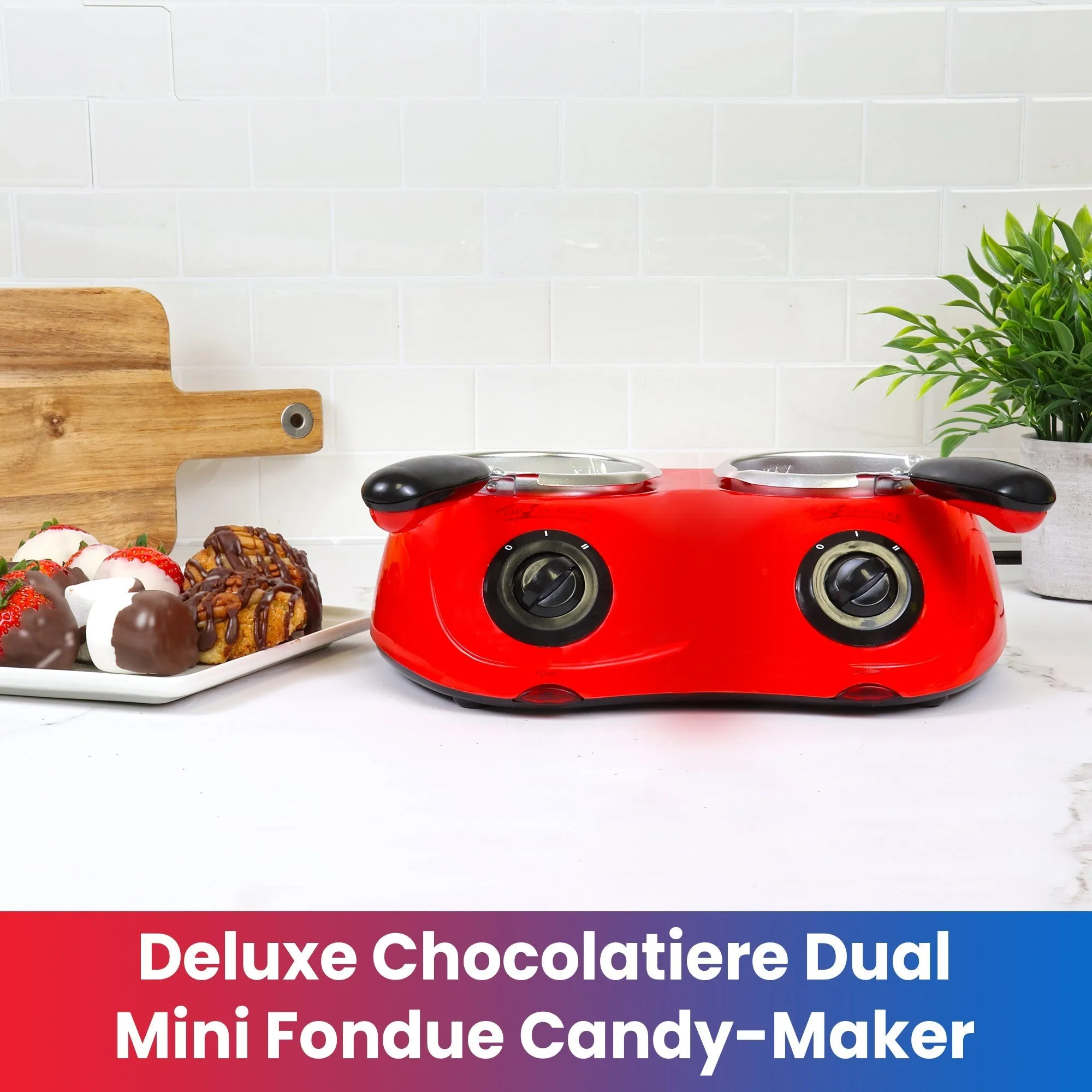 Total Chef Deluxe Chocolatiere Dual Electric Melter for Chocolate and Candy Melts, 17.6 oz (500 g), Fondue Pot, DIY Candy Maker with 100  Piece Accessory Kit for Dessert, Special Occasion, Red