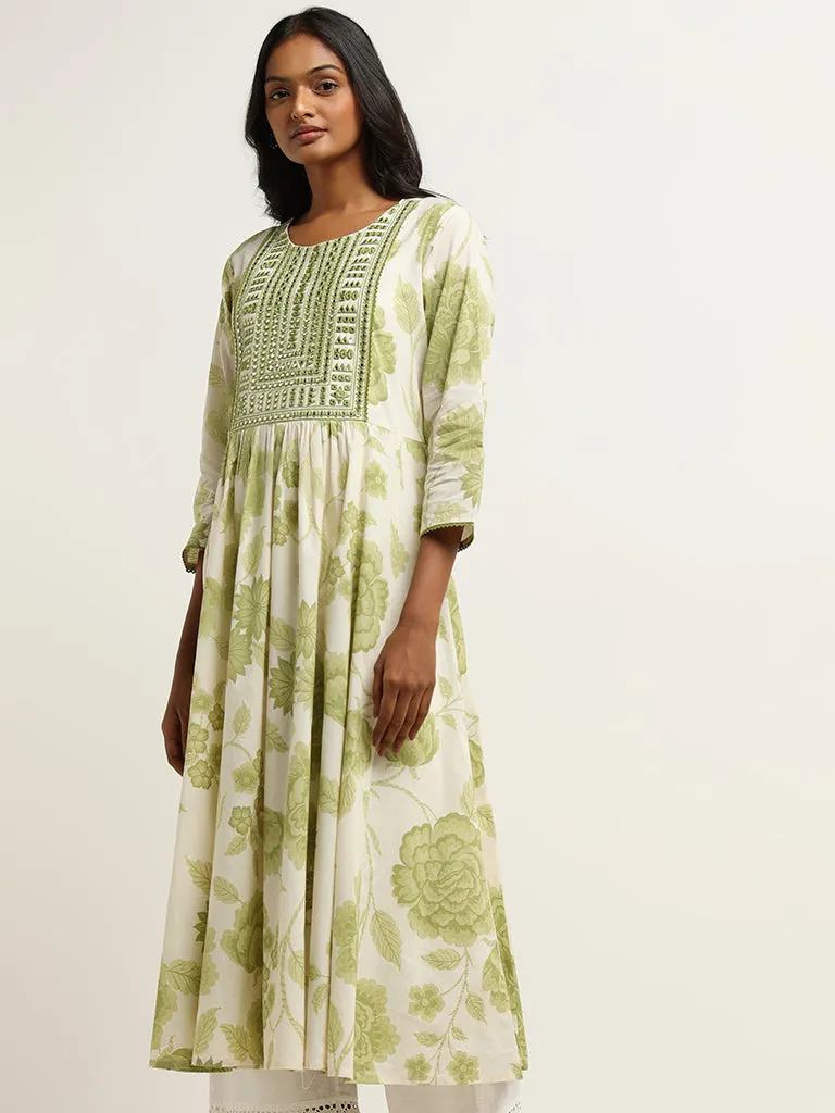 Utsa Green Mirror Embroidered Cotton Kurta