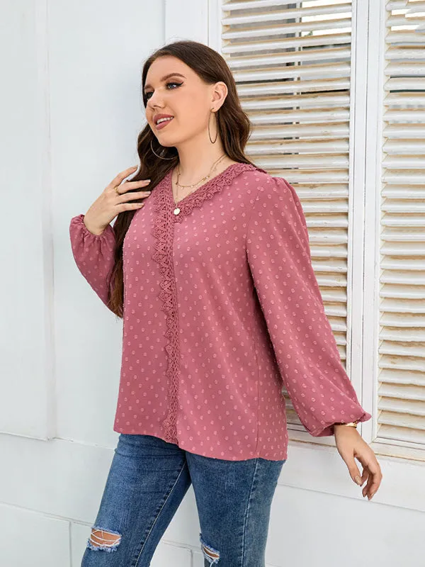 Women's Plus Size Lace Trim Dot Print Puff Sleeve Blouse