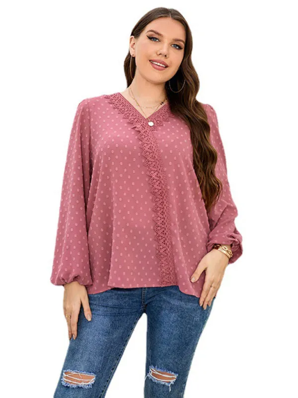 Women's Plus Size Lace Trim Dot Print Puff Sleeve Blouse