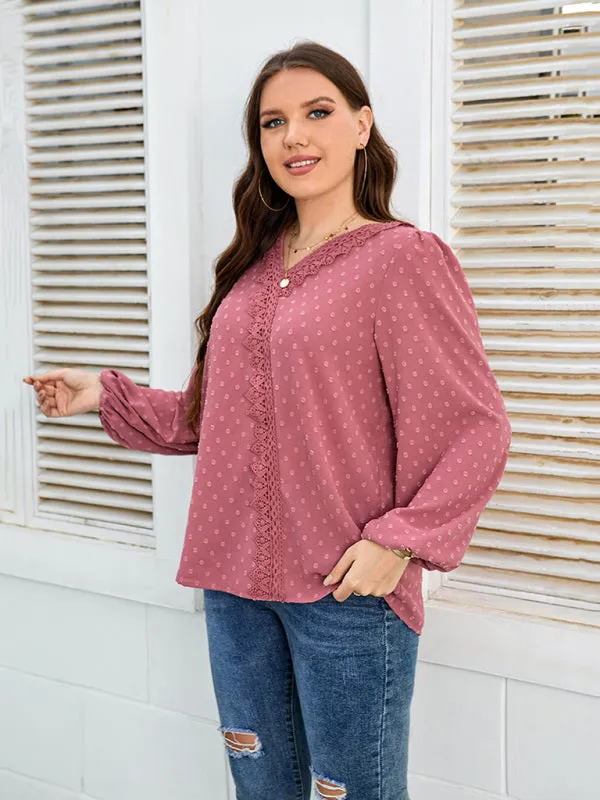 Women's Plus Size Lace Trim Dot Print Puff Sleeve Blouse