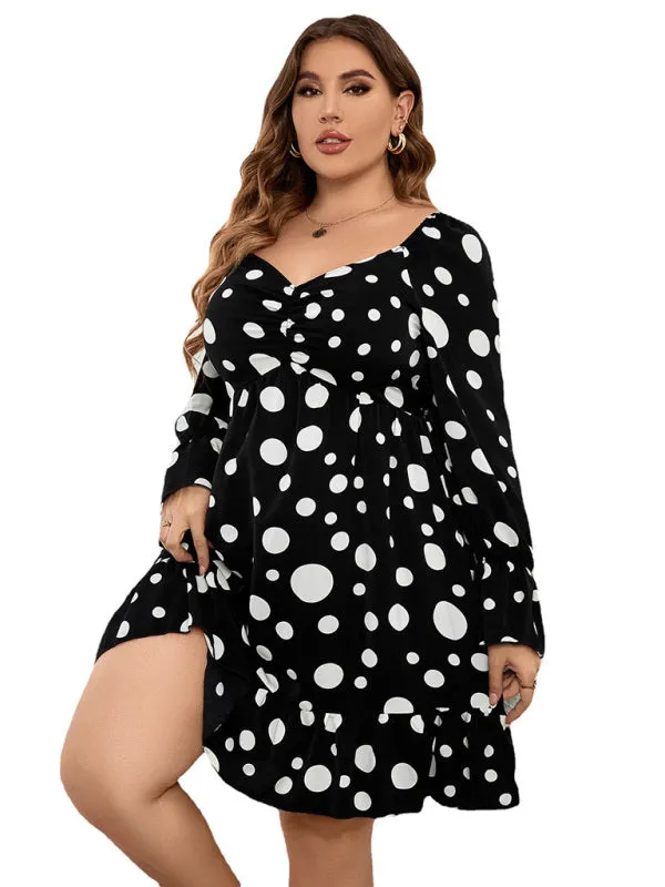 Women's Plus Size Sweetheart Neck Dot Print Ruched Puff Sleeve A Line Dress