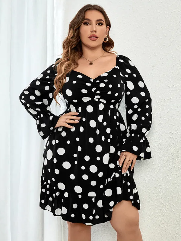 Women's Plus Size Sweetheart Neck Dot Print Ruched Puff Sleeve A Line Dress